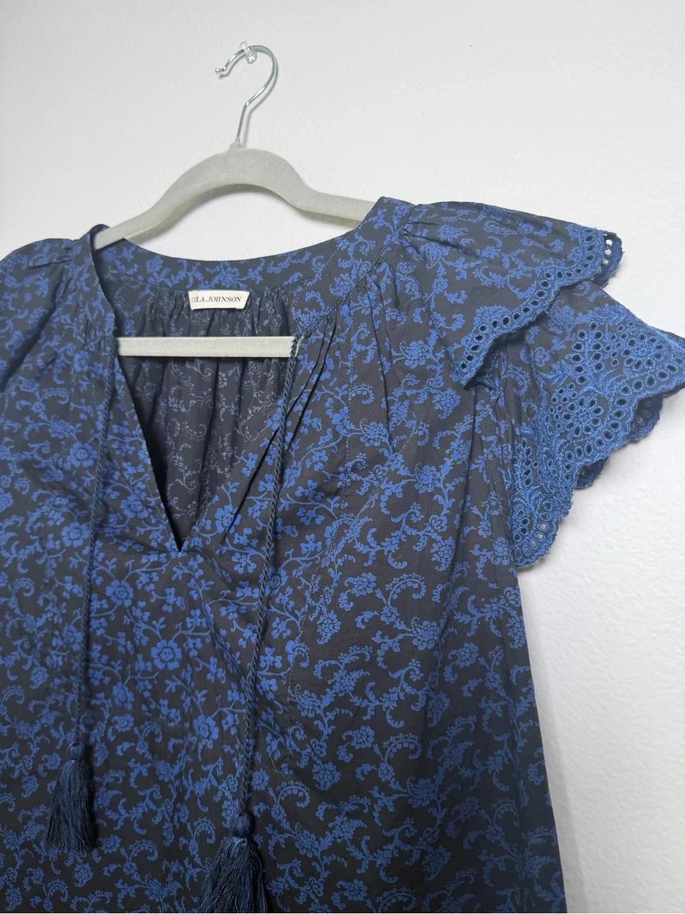 Ulla Johnson Elm Top-Navy & Blue Floral Tassel Tie-Front Blouse Retail $245